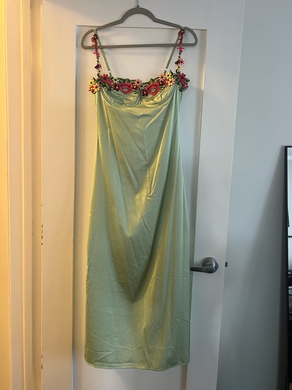 Mint Green Slip Dress with Floral Embellished Neckline